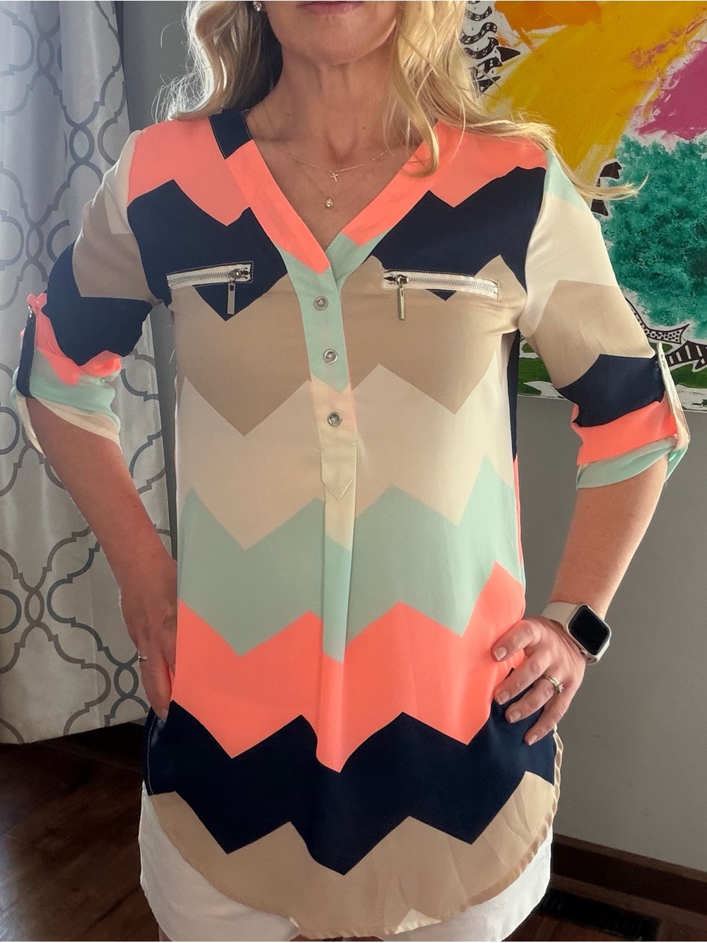 Chevron Colorblock V-Neck Blouse - Coral, Mint & Navy